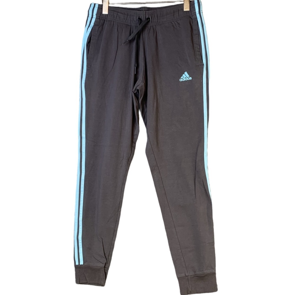 Adidas Womens Joggers Dark Grey Baby Blue Striped 93% Cotton Stretch Medium